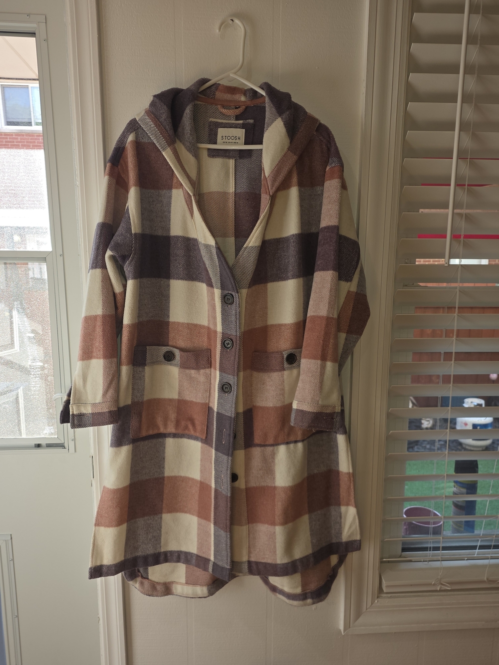 Stoosh Plaid Hooded Coat in Cream, Mauve & Purple